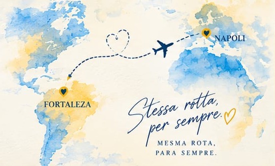 Mappa ad acquerello con la rotta Napoli – Fortaleza: Stessa rotta, per sempre. Mesma rota, para sempre.
